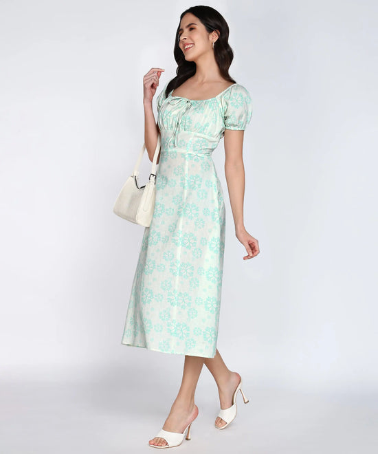 Women Sea Coral Print Cotton Flex A-Line Midi Dress