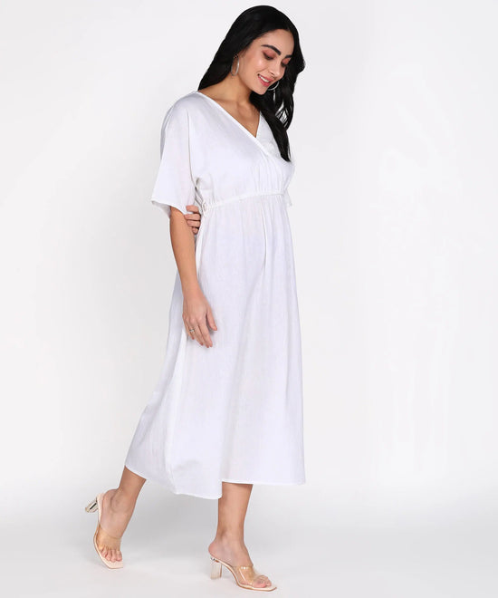 Women Belted A-Line Cotton Flex Midi Dress