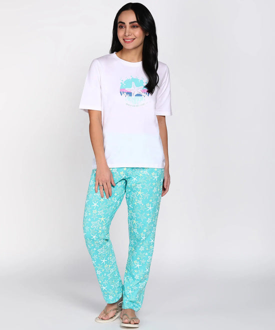 Seaside Charm Women's Pajama Set with Starfish Print- Cotton Jersey