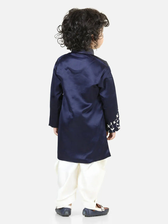 BownBee Hand Embroidered Jam Cotton Sherwani Salwar For Boys- Blue