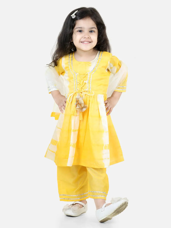 BownBee Hand Dyed Chanderi Silk Kurti Pant with Dupatta for Girls- Yellow