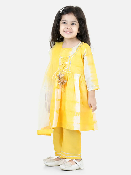 BownBee Hand Dyed Chanderi Silk Kurti Pant with Dupatta for Girls- Yellow