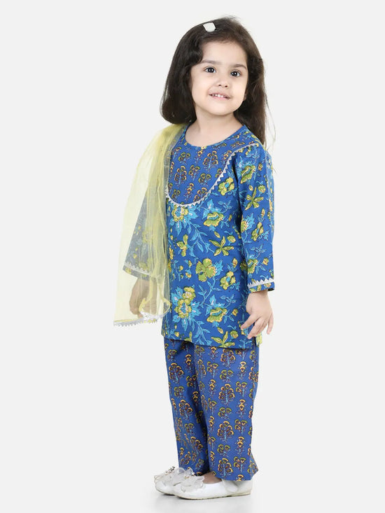 BownBee Pure Cotton Kurti with Pant & Dupatta for Girls- Blue