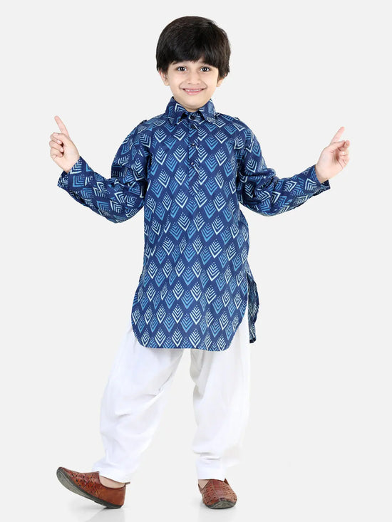 BownBee Printed Cotton Full Sleeve Pathani Salwar Set for Boys- Blue