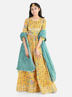 BownBee Pure Cotton Printed Lehenga Choli Dupatta Set for Girls- Yellow