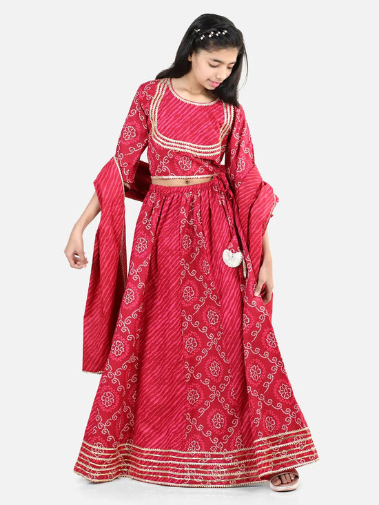 BownBee Pure Cotton Printed Lehenga Choli Dupatta Set for Girls- Pink