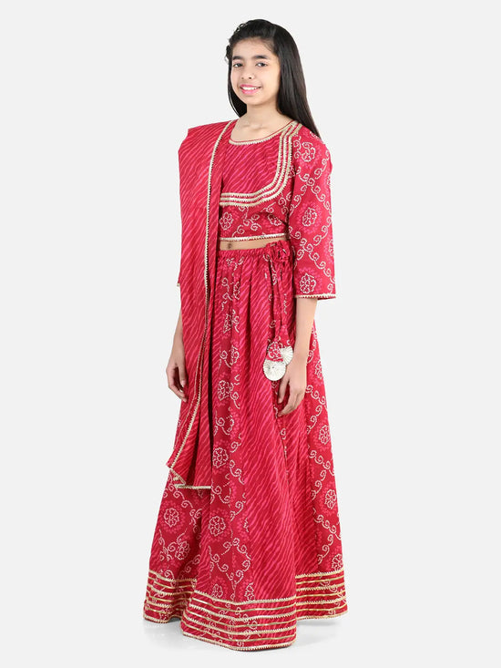 BownBee Pure Cotton Printed Lehenga Choli Dupatta Set for Girls- Pink