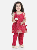 BownBee Cotton Printed Off Shoulder Kurti Pant Set with Side sling bag for Girls-Pink