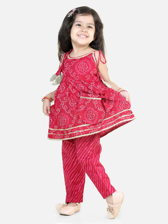 BownBee Cotton Printed Off Shoulder Kurti Pant Set with Side sling bag for Girls-Pink