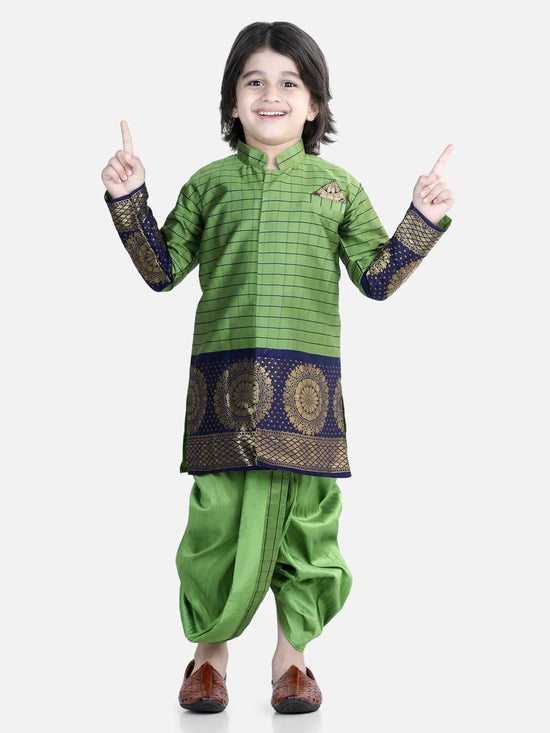 BownBee Full Sleeve Silk Border Sherwani Dhoti Sets for Boys- Green