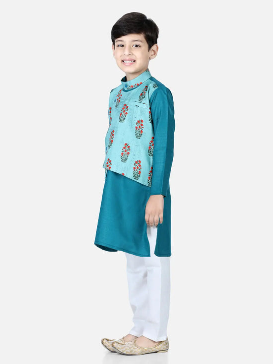 BownBee Printed Attached Jacket Cotton Kurta Pajama for Boys- Blue