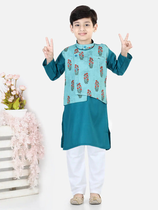 BownBee Printed Attached Jacket Cotton Kurta Pajama for Boys- Blue