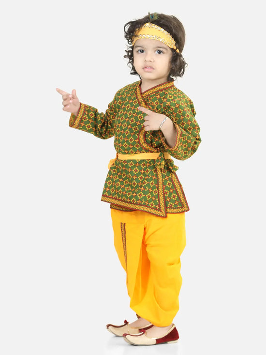 BownBee Cotton Angrakha Kanhaiya Costume Dress With Bansuri,Mukut & Band- Green