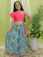 BownBee Chanderi Floral Print Off Shoulder Choli with Lehenga for Girls- Pink