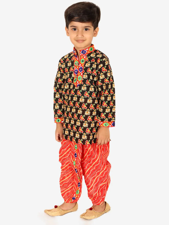 BownBee Printed Cotton Kurta with Dhoti for Boys- Black