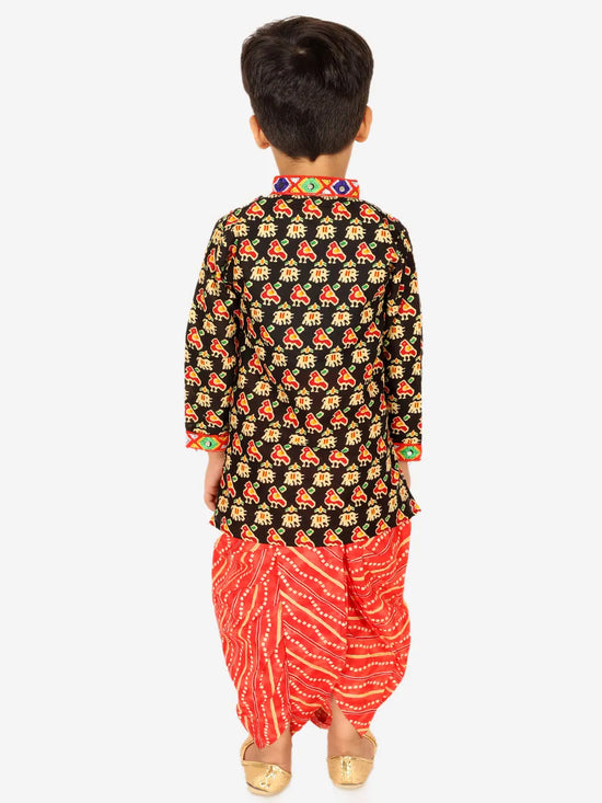 BownBee Printed Cotton Kurta with Dhoti for Boys- Black