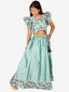 BownBee Chanderi Floral Print Choli with Lehenga for Girls- Blue