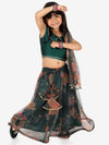 BownBee Ethnic Chanderi Choli and Floral print Net Lehenga with Attached Dupatta for Baby Girls- Green