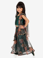 BownBee Ethnic Chanderi Choli and Floral print Net Lehenga with Attached Dupatta for Baby Girls- Green