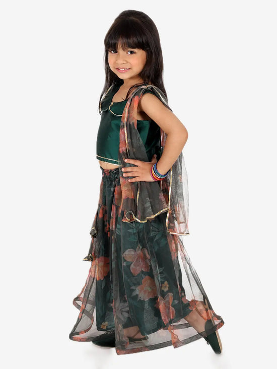 BownBee Ethnic Chanderi Choli and Floral print Net Lehenga with Attached Dupatta for Baby Girls- Green