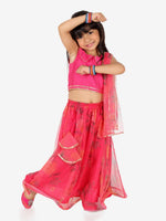 BownBee Ethnic Chanderi Choli and Floral print Net Lehenga with Attached Dupatta for Baby Girls- Pink