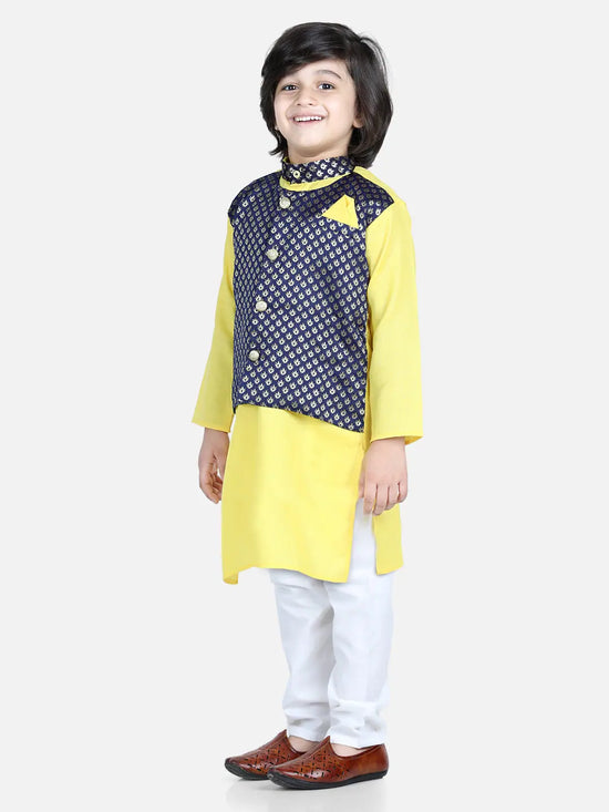 BownBee Attached Jacquard Jacket Kurta Pajama for Boys- Yellow