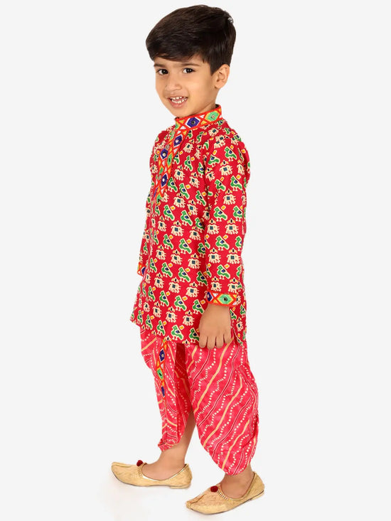 BownBee Printed Cotton Kurta with Dhoti for Boys- Pink