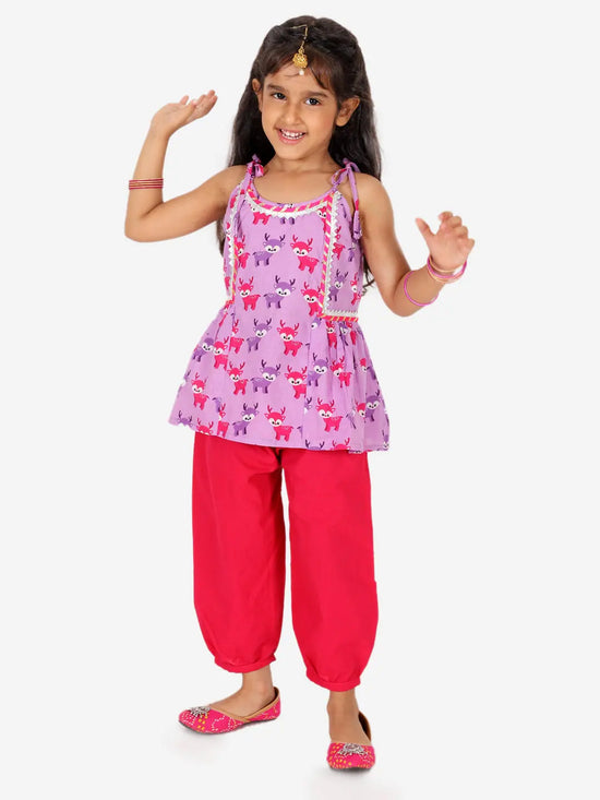 BownBee Printed Cotton Indo Westren Top with Harem Dhoti Suit Set for Girls- Purple