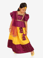 BownBee Ethnic Sibling Sets Puff Sleeve Choli Lehenga with Dupatta for Girls- Purple