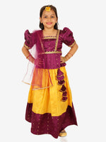 BownBee Ethnic Sibling Sets Puff Sleeve Choli Lehenga with Dupatta for Girls- Purple