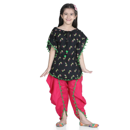 BownBee Girls Cotton Kaftan Dhoti With Pompom Indo Western Clothing Set s- Black