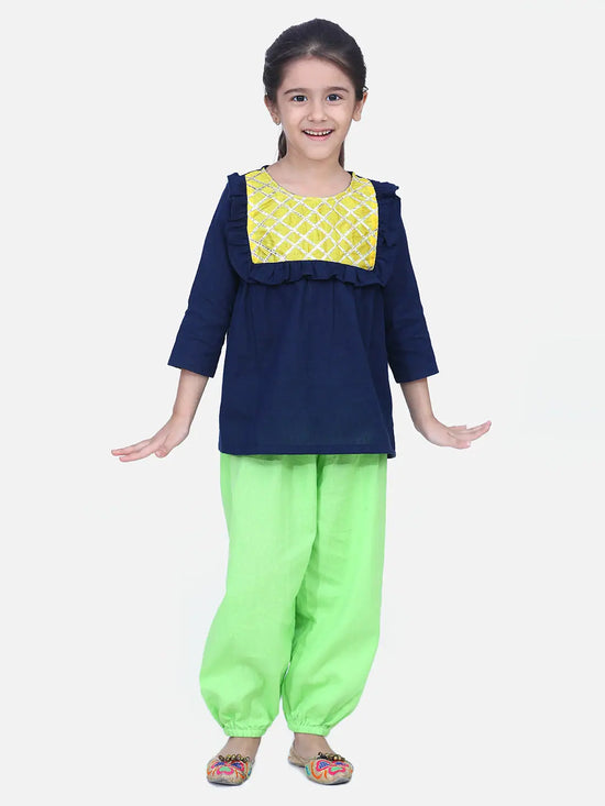 BownBee Cotton Full Sleeve Top with Harem pant Indo Western Clothing Sets - Blue