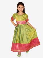 BownBee Ethnic Silk Booti Party Dress Gown for Girls- Green