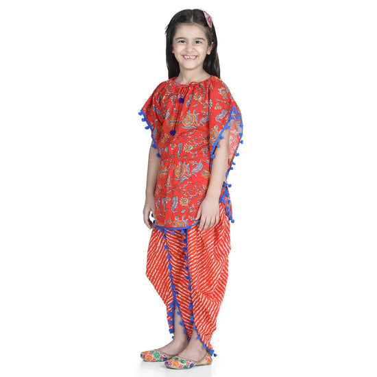 BownBee Girls Cotton Kaftan Dhoti With Pompom Indo Western Clothing Set s-Red