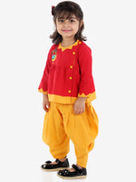 BownBee Girls Cotton Mor Embroidery Top Dhoti Indo Western Clothing Sets- Red