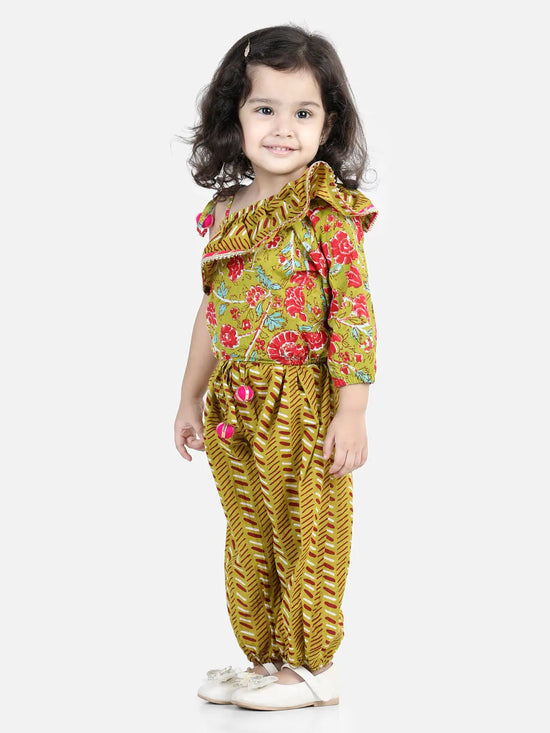 BownBee Girls Printed One Sleeve Ruffle Pure Cotton Top with Harem pant Co Ords Indo Western Clothing Sets - Green