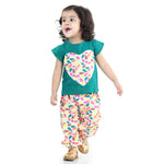 BownBee Girls Heart patch Pure Cotton Patch Top with Harem pant Indo Western Clothing Sets - Blue