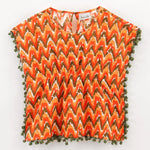 BownBee Girls Printed Cotton Kaftan with Pompom Tops - Orange