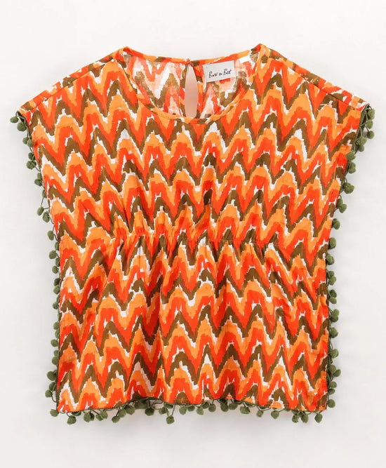 BownBee Girls Printed Cotton Kaftan with Pompom Tops - Orange