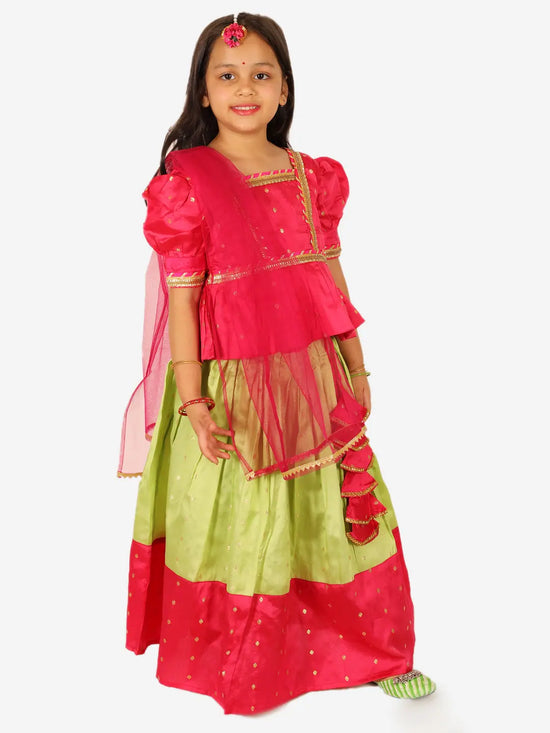 BownBee Puff Sleeve Choli Lehenga with Dupatta for Girls- Pink