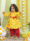 BownBee Ethnic Festive Wear Morpankh Print Kedia Angrakha Kurta Dhoti with Bansuri, Mukut Belt- Yellow