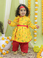 BownBee Ethnic Festive Wear Morpankh Print Kedia Angrakha Kurta Dhoti with Bansuri, Mukut Belt- Yellow