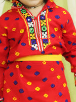 BownBee Ethnic Festive Wear Bandhani Print Cotton Kanhaiya Suit Dress with Bansuri, Mukut Belt- Red