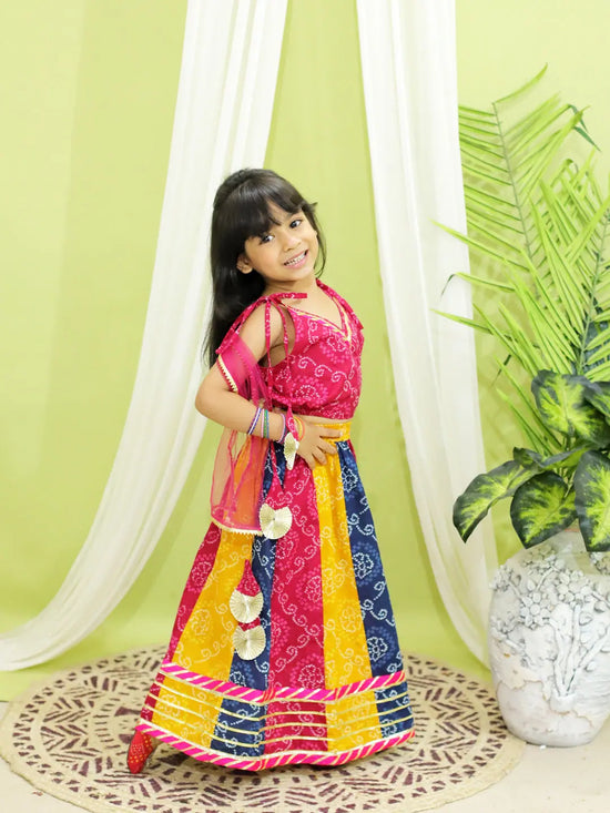 BownBee Bandhani Kali Lehenga with Choli and Dupatta for Girls- Pink