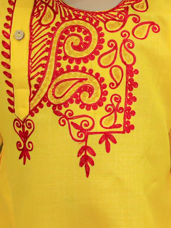 BownBee Embroidered Bangali Style Kurta with Dhoti for Boys- Yellow