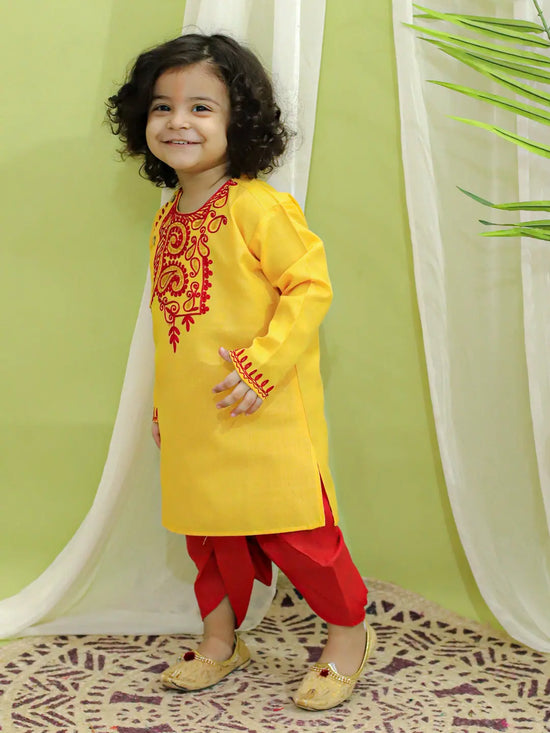 BownBee Embroidered Bangali Style Kurta with Dhoti for Boys- Yellow