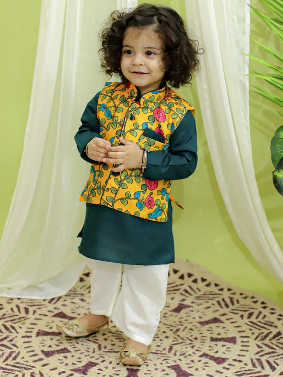 BownBee Kalamkari Print Jacket with Kurta Pajama for Boys- Yellow