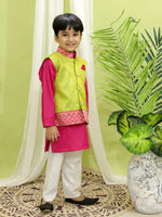 BownBee Ethnic Festive Wear Silk Jacket with Cotton Kurta Pajama for Boys- Green