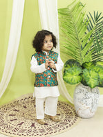 BownBee Kalamkari Print Jacket with Kurta Pajama for Boys- Green