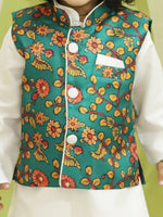 BownBee Kalamkari Print Jacket with Kurta Pajama for Boys- Green